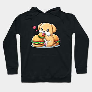 puppy dog pet sticker cartoon vector illustration eat burger Hoodie